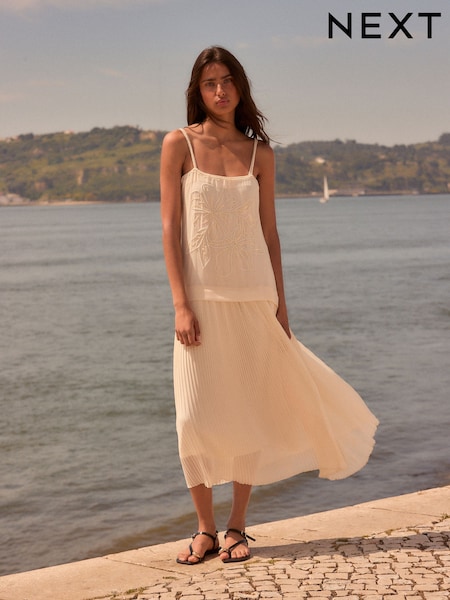 Cream Dropped Waist Midi Length Slip Dress (F14944) | €97.50