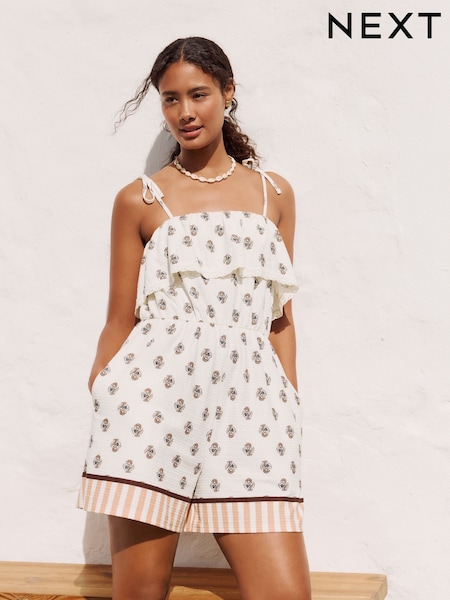 Ecru/Brown Textured Jersey Frill Bandeau Playsuit (F14948) | €38