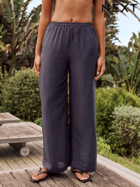 Blue Textured Wide Leg Pull On Trousers (F14963) | R$ 260