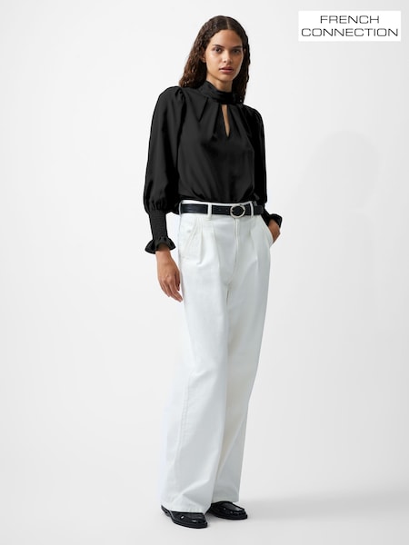 French Connection Black Crepe Light High Neck Long Sleeve Top (F14991) | ₪226