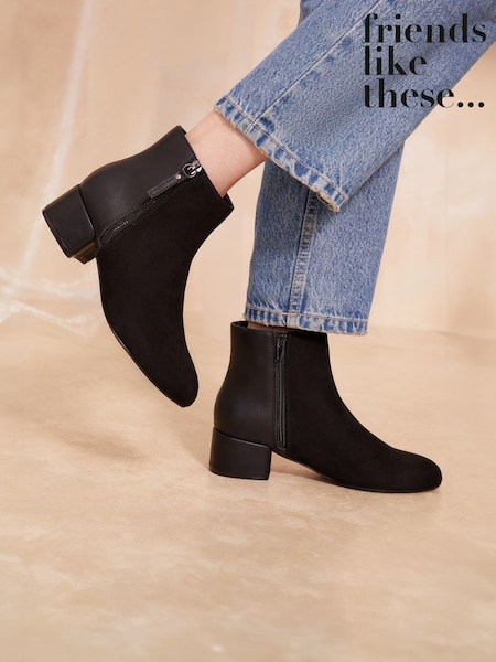 Friends Like These Black Wide Fit Zip Low Heel Ankle Faux Leather and Suede Boots (F15076) | AED113