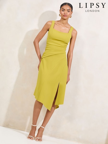 Lipsy Olive Green Square Neck Strappy Ruched Fit And Flare Midi Dress (F15089) | €107