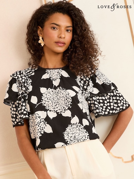 Love & Roses Black/White Short Sleeve Frill Printed Blouse (F15156) | 2,343 UAH