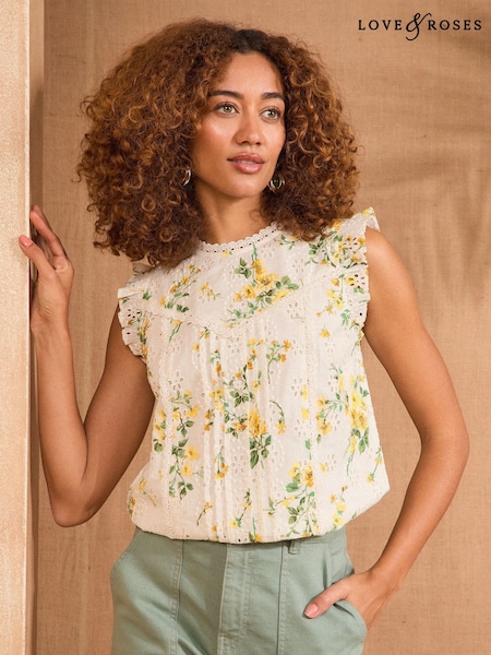 White Ecru Floral Print - Love & Roses Broderie Crew Neck Shell Top (F15163) | R$ 375