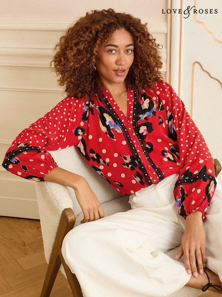 Love & Roses Red Animal Long Sleeve Notch Neck Blouse (F15167) | OMR23