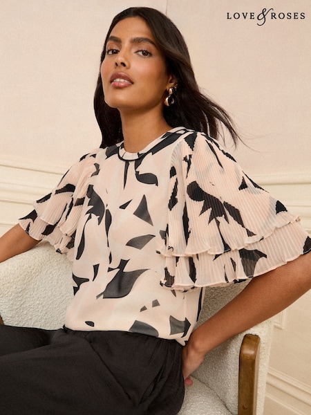 Roz imprimeu geometric - Love & Roses Print Frill Short Sleeve Crew Neck Blouse (F15190) | 290 LEI