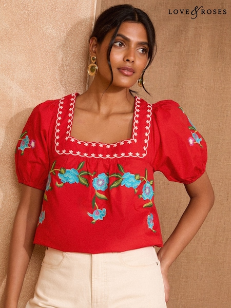 Love & Roses Square Neck Embroidered Short Sleeve Top (F15208) | 283 LEI