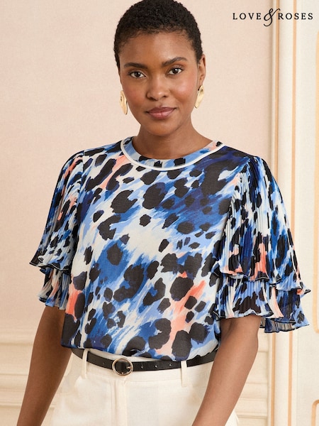 Albastru Animal - Love & Roses Print Frill Short Sleeve Crew Neck Blouse (F15215) | 290 LEI