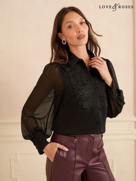Love & Roses Black Lace Centre Long Sleeve Shirt (F15222) | €53