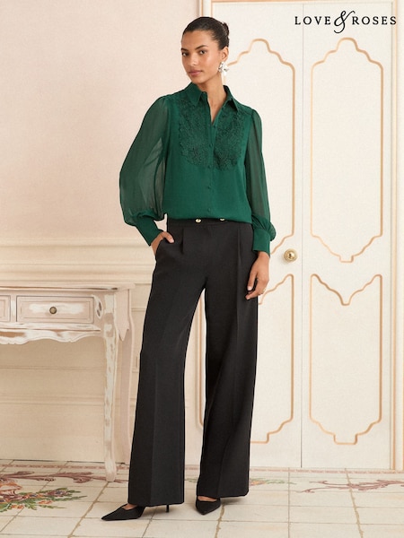 Love & Roses Dark Green Lace Centre Long Sleeve Shirt (F15228) | SGD 77