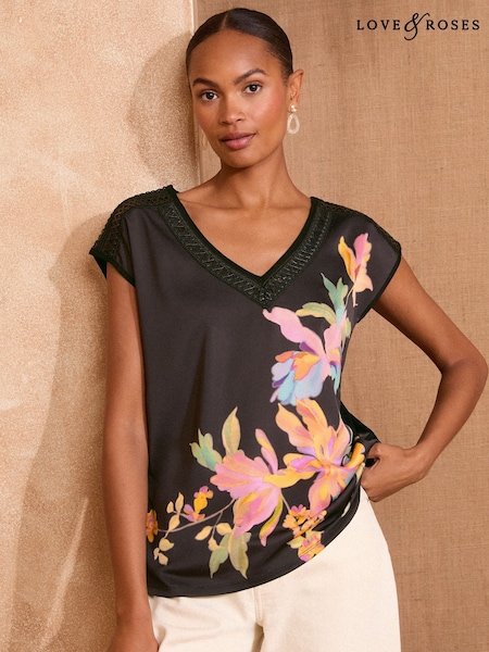Love & Roses Black Floral PU Trim Satin V-Neck Jersey Back T-Shirt (F15238) | OMR16