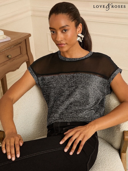 Love & Roses Black Metallic Crew Neck Metallic Top (F15248) | €34