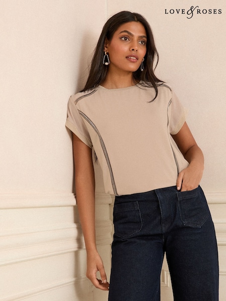 Love & Roses Champagne Gold Chiffon Panel Print Satin Front Jersey Back Crew Neck Top (F15268) | €36