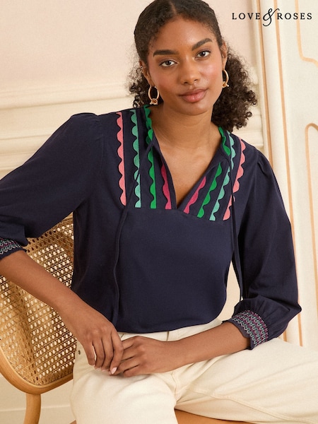 Navy Rainbow Ric Rac - Love & Roses 3/4 Sleeve Jersey Top (F15284) | R$ 315