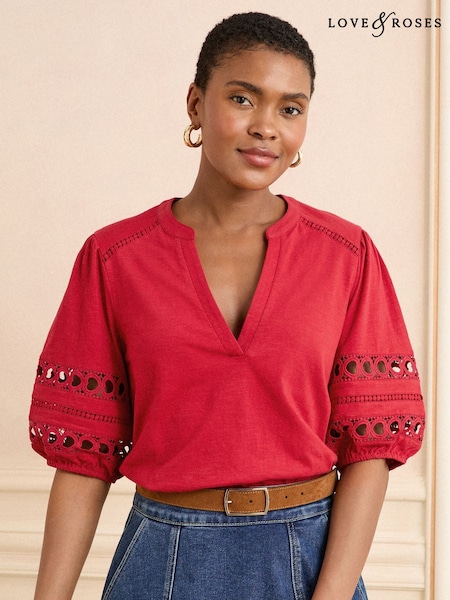 Red Heart Lace Insert - Love & Roses Decolteu în V Jersey Tricou (F15292) | 209 LEI