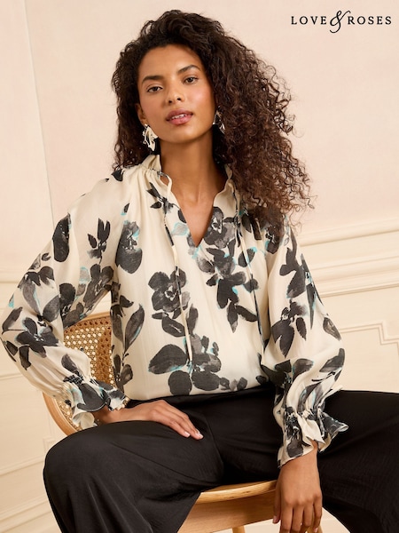 Love & Roses White Ecru Floral Petite Printed Shirred Notch Neck Long Sleeve Blouse (F15349) | €51
