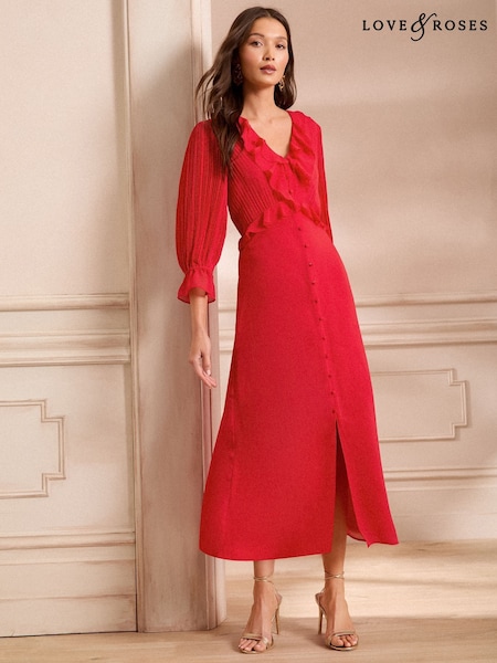 Love & Roses Red Pleated Ruffle Midi Dress (F15386) | €91