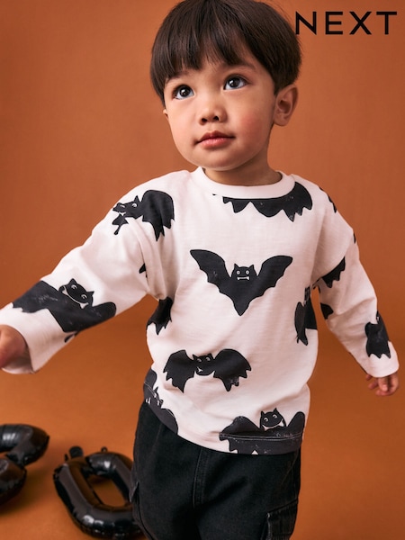 White/Black Bats Halloween Long Sleeve Graphic Print T-Shirt (3mths-7yrs) (F15480) | AED30 - AED41