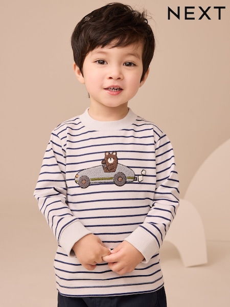 White/Blue Stripe Bear Car Long Sleeve Appliqué T-Shirt (3mths-7yrs) (F15494) | AED41 - AED51