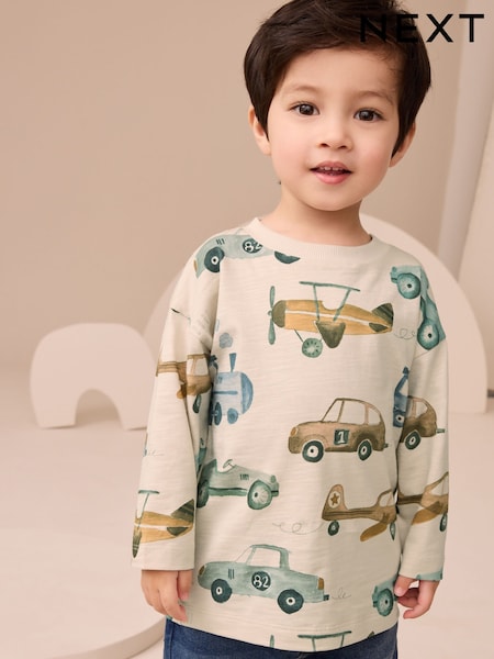 Weiss/Fahrzeug - 100% Cotton Long Sleeve All-Over Print T-Shirt (3mths-7yrs) (F15503) | 9 € - 12 €