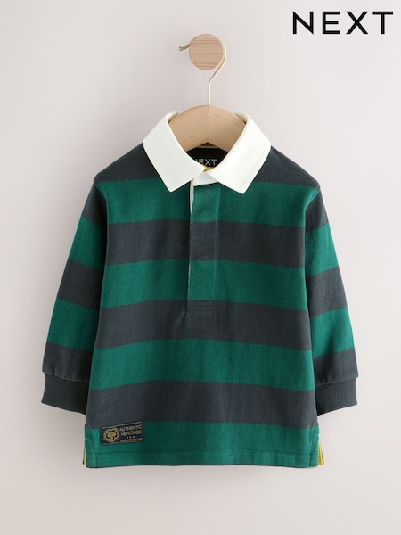 Green/Navy Striped Long Sleeve Rugby Polo Shirt (3mths-7yrs) (F15508) | €17 - €20