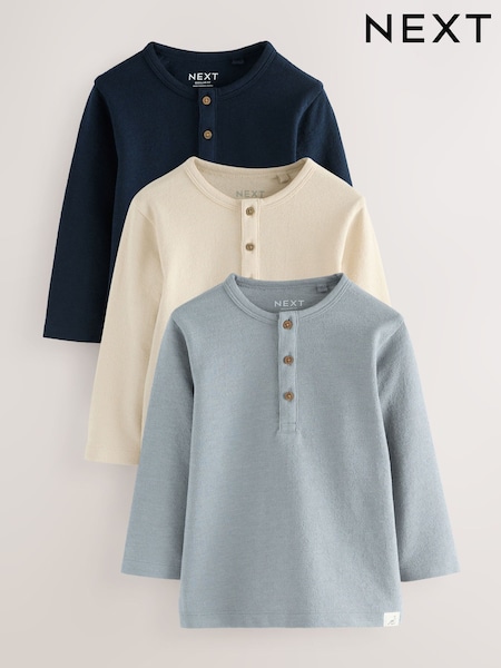 Navy/Blue/Stone Long Sleeve Henley T-Shirts 3 Pack (3mths-7yrs) (F15519) | AED91 - AED112