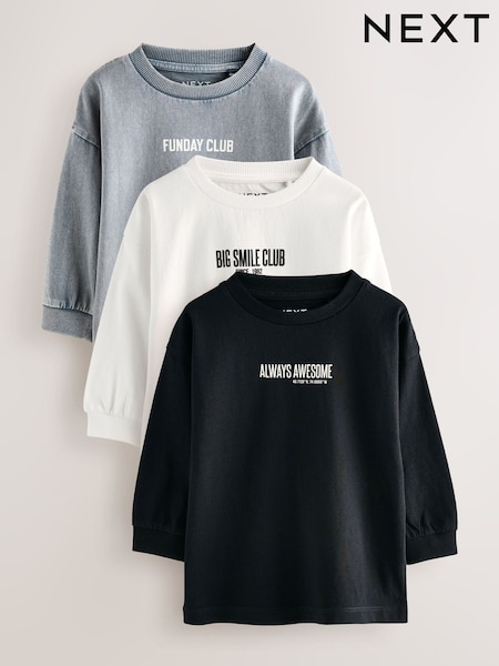 Black/Grey/White Slogan Long Sleeve Graphic Print T-Shirts 3 Pack (3mths-7yrs) (F15520) | €22.50 - €28