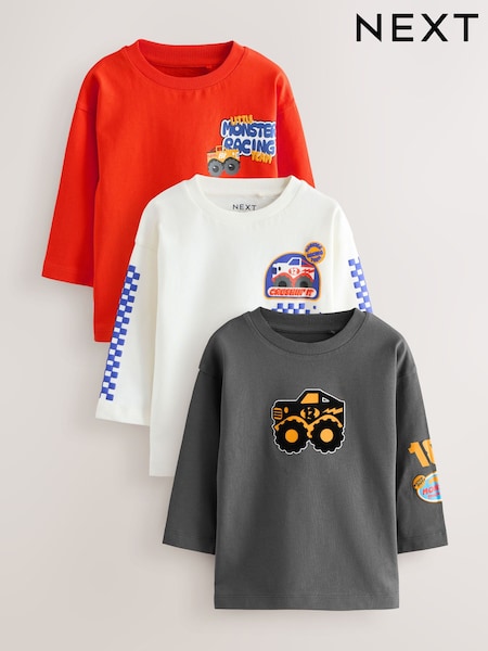 Red Monster Trucks Long Sleeve Graphic Print T-Shirts 3 Pack (3mths-7yrs) (F15523) | €20 - €25