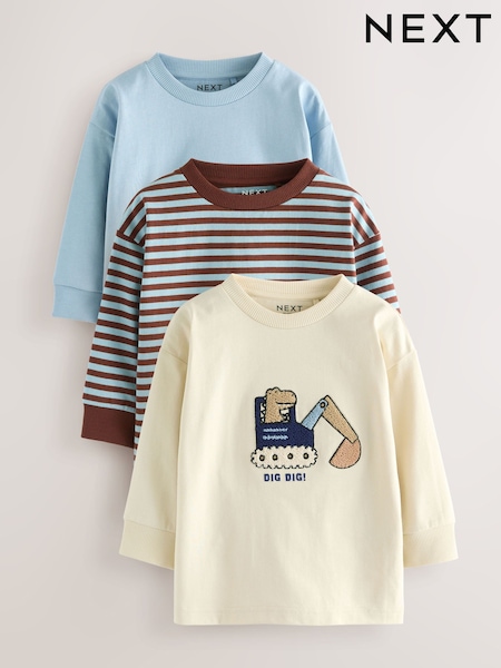 Blue/Ecru Animal Transport Long Sleeve Appliqué T-Shirts 3 Pack (3mths-7yrs) (F15524) | AED107 - AED127