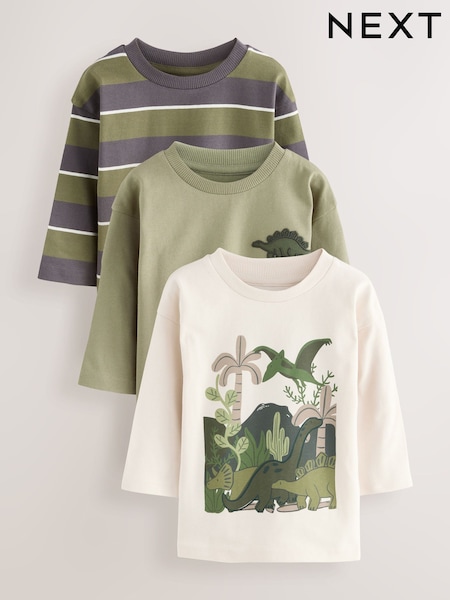 Green Dinosaur Long Sleeve Graphic Print T-Shirts 3 Pack (3mths-7yrs) (F15525) | AED91 - AED112