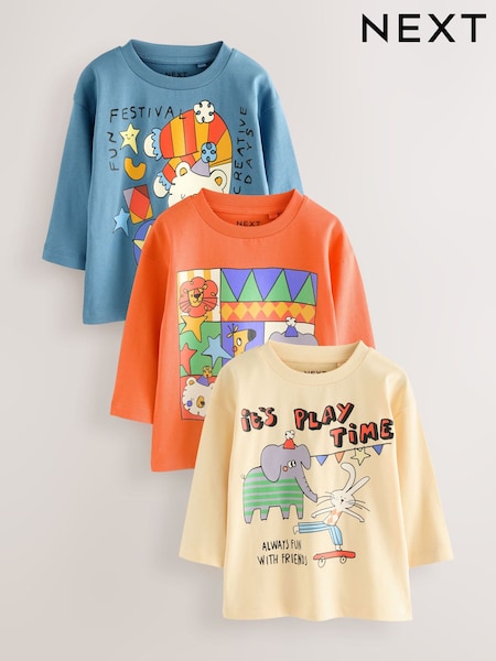 Blue/Orange/Yellow Animals Long Sleeve Graphic Print T-Shirts 3 Pack (3mths-7yrs) (F15527) | €23 - €29