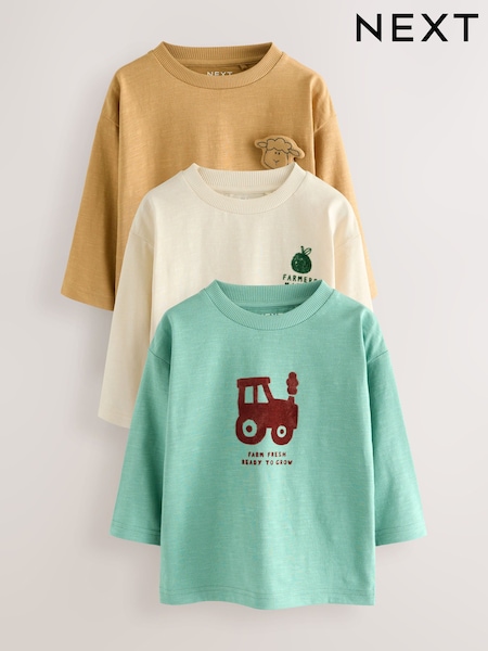 Blue/Brown Farm Long Sleeve Graphic Print T-Shirts 3 Pack (3mths-7yrs) (F15530) | €29 - €35