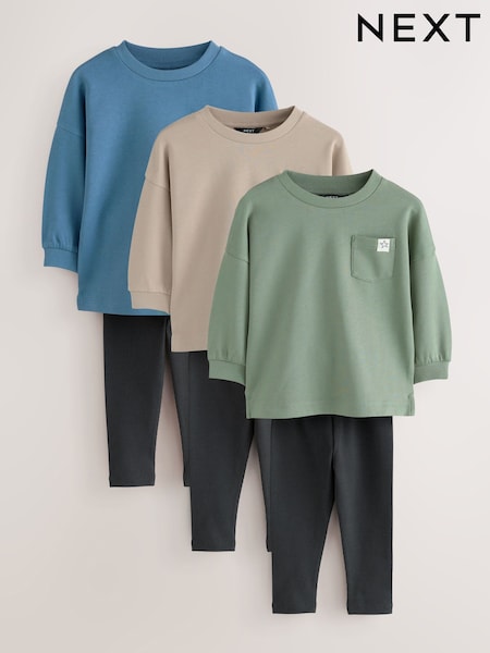 Blue/Stone/Green Long Sleeve Top and Leggings Set 3 Pack (3mths-7yrs) (F15541) | €50 - €56