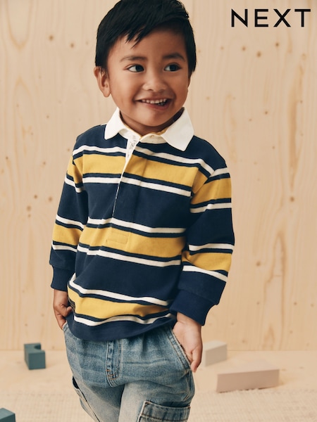 Navy/Yellow Striped Long Sleeve Rugby Polo Shirt (3mths-7yrs) (F15543) | €17 - €20