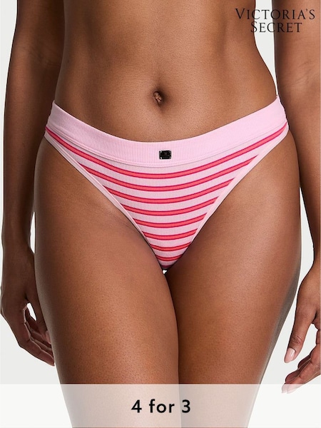 Victoria's Secret Pretty Blossom Pink Stripe Thong Cotton Rib Logo Knickers (F15609) | €10.50