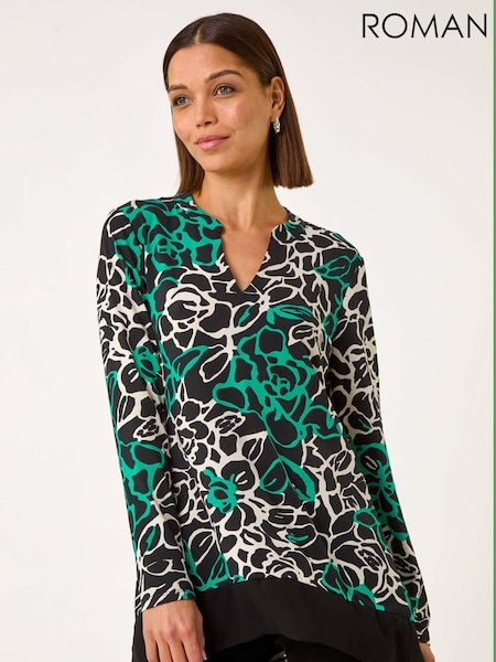 Roman Floral Print Chiffon Hem Top (F15980) | €53