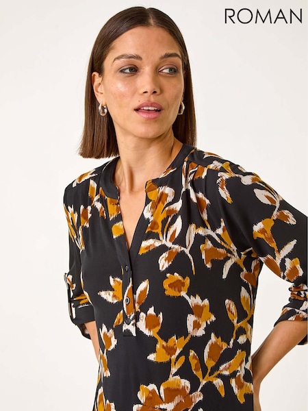 Roman Yellow Abstract Print Pleated Blouses (F15988) | ₪251