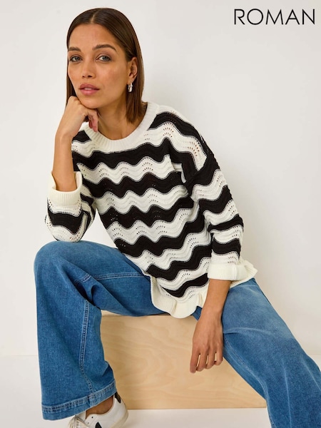 Roman Black Wave Pie Hem Colour Block Knit Jumper (F16004) | €53