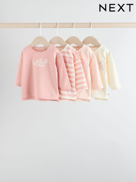Pink Stripe/Slogan Long Sleeve Baby Tops 4 Pack (0mths-2yrs) (F16640) | R$ 195 - R$ 215