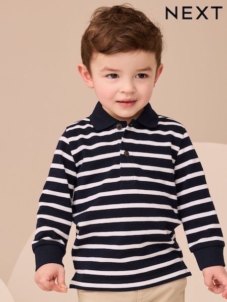 Navy/White Striped Long Sleeve Polo Shirt (3mths-7yrs) (F16661) | AED30 - AED41