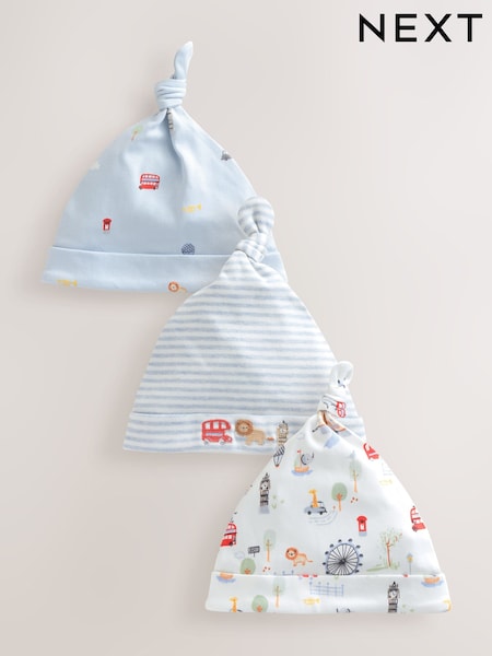 Blue London Tie Top Baby Hats 3 Pack (0-18mths) (F17016) | 30 QAR