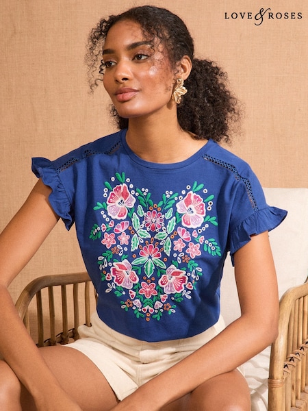 Love & Roses Cobalt Blue Floral Embroidered Flutter Sleeve Jersey T-Shirt (F17037) | €35