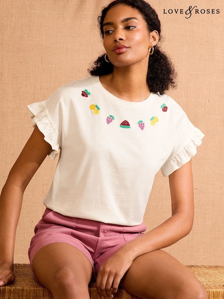Ivory Fruit Embroidery - Love & Roses Flutter Sleeve Jersey T-Shirt (F17038) | 179 LEI