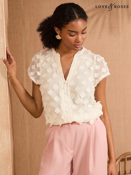 Alb ecru - Love & Roses 3D Flutter Sleeve Blouse (F17043) | 290 LEI