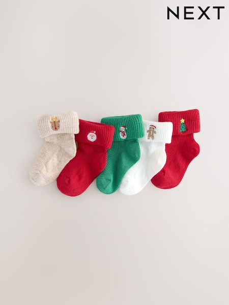 Czerwony - Baby Christmas Roll Top Socks 5 Pack (0mths-2yrs) (F17090) | 45 zł