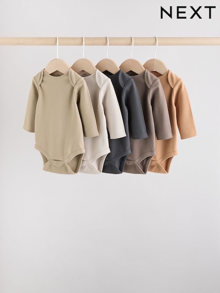 Brown Long Sleeve Baby Bodysuits 5 Pack (F17141) | AED76 - AED86