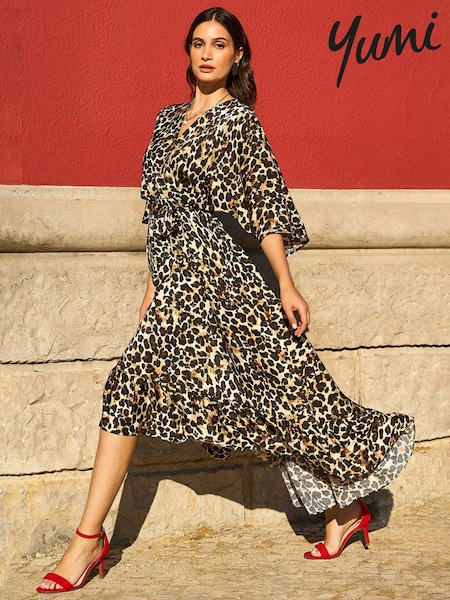 Yumi Brown Leopard Print Midi Wrap Dress With Kimono Sleeves (F17276) | €83