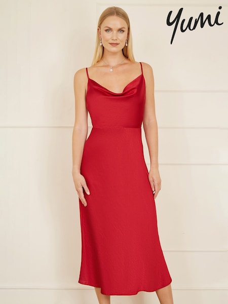 Punainen - Yumi Satin Cowl Neck Midi Dress (F17279) | €102