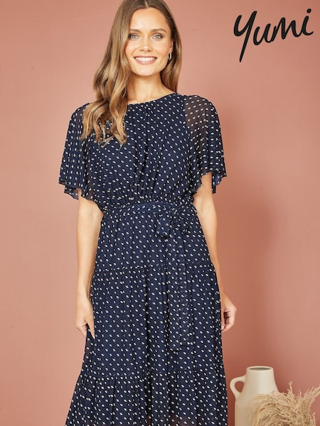 Yumi Blue Dot Print Mesh Stretch Midi Skater Dress (F17291) | 247 QAR