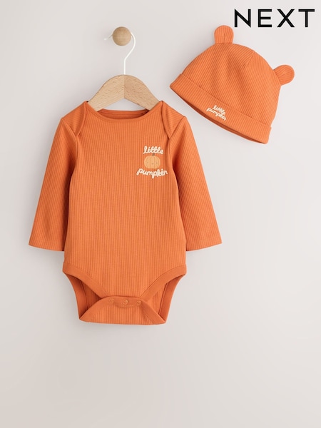 Alaranjado - Baby Long Sleeve Halloween Bodysuit and Hat Set (F17429) | R$ 80 - R$ 90